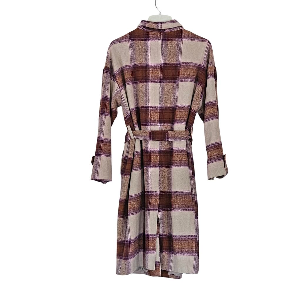 Forever 21 Long Line Plaid Jacket Belted Sz L - Picture 2 of 12